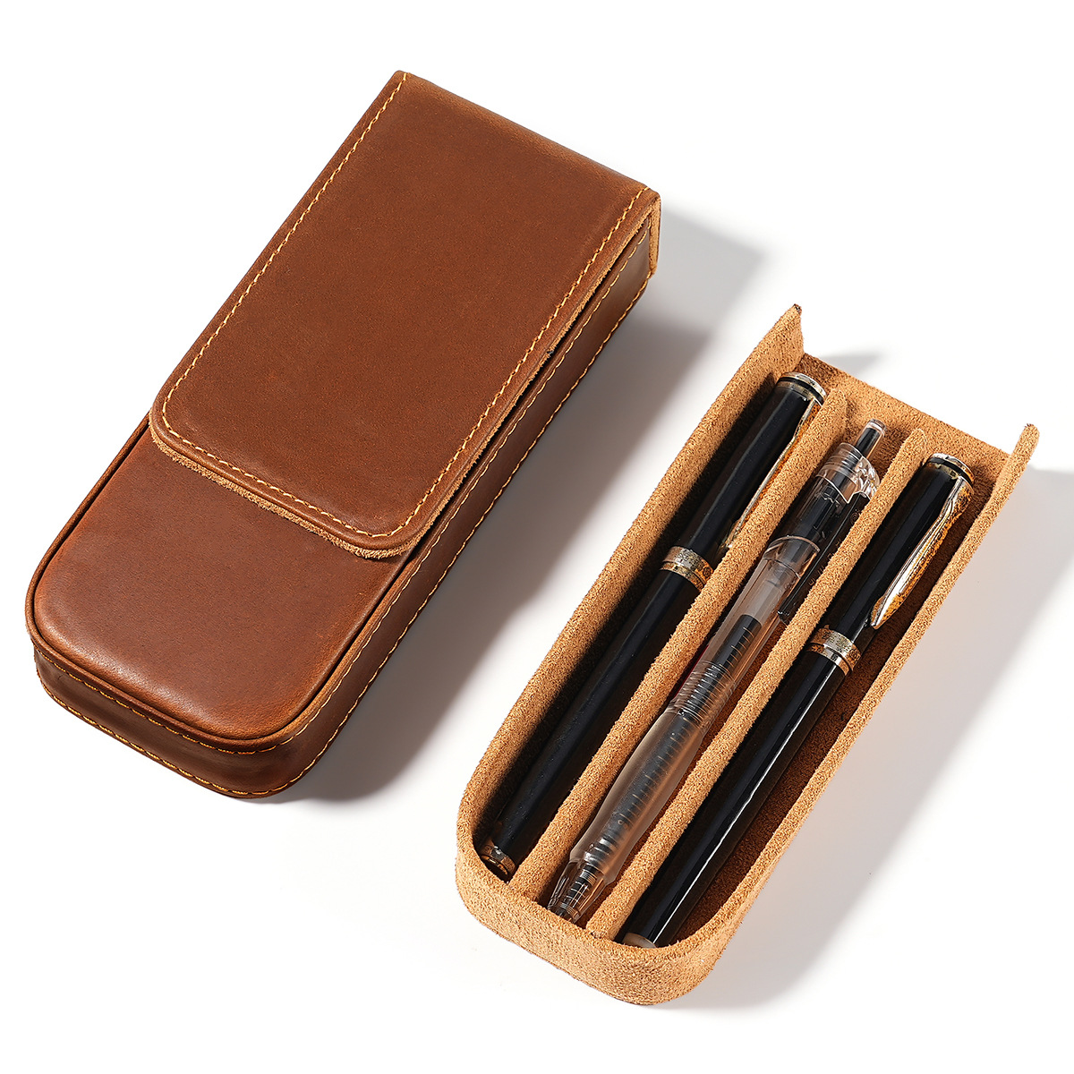 Men Accessories Drawer - 3 Slot Geniue Cowhide Pen Pencil