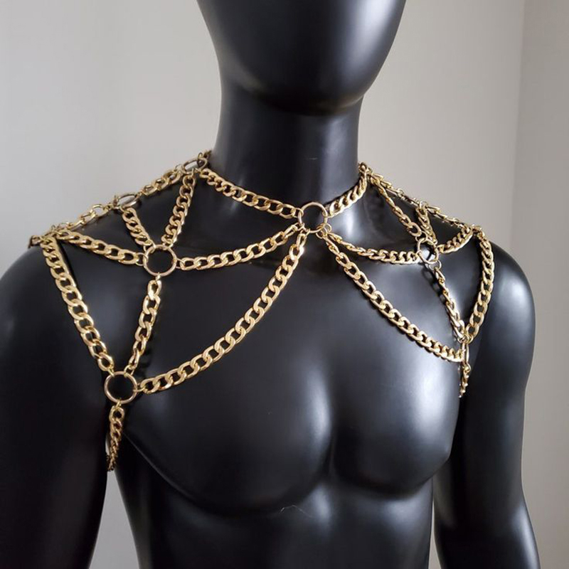 Men Accessories In Silver - Punk Men Shoulder Body Chain Back